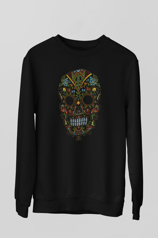Renkli Kurukafa Baskılı Siyah  Sweatshirt