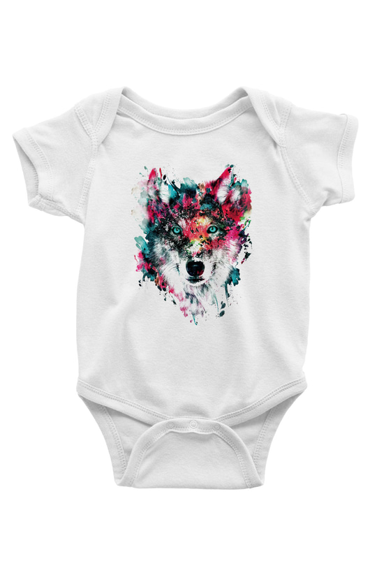 Renkli Suluboya Kurt BaskılıBeyaz Tshirt Bebek Body - Zıbın