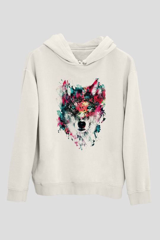 Renkli Suluboya KurtBeyaz Tshirt Unisex Hoodie