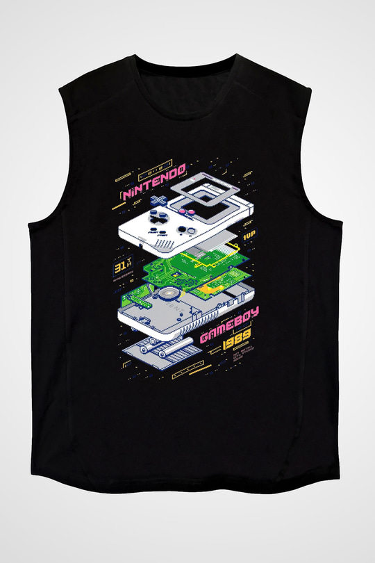 Retro Gameboy Baskılı Unisex Siyah  Kolsuz Tişört