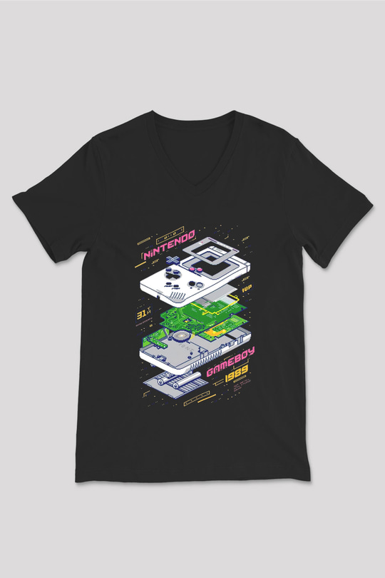 Retro Gameboy Baskılı Unisex Siyah  V Yaka Tişört