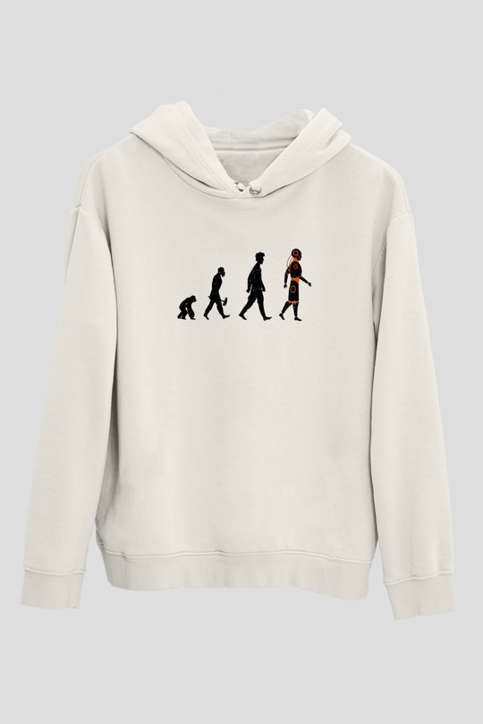 Robot Evrimi Baskılı Unisex Ekru Hoodie