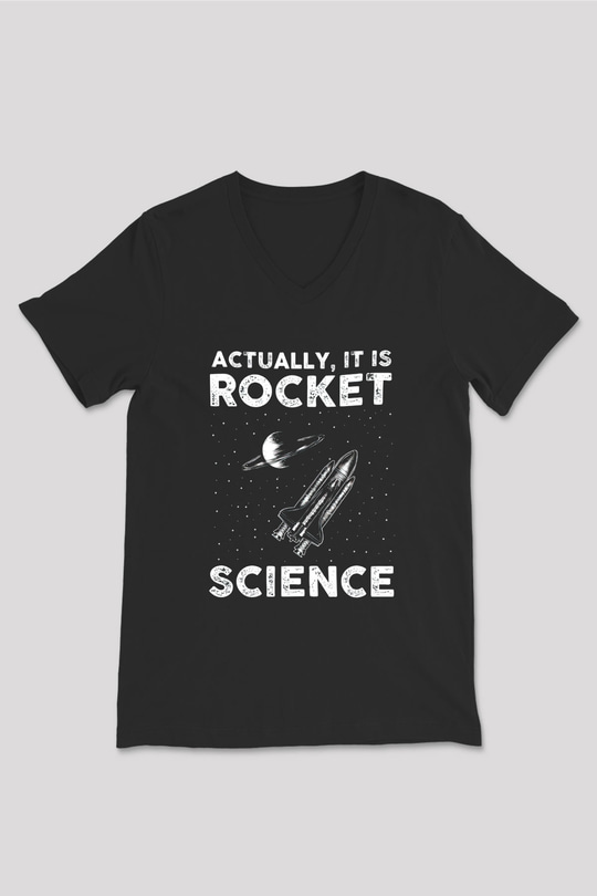 Roket Bilim Baskılı Unisex V Yaka Siyah Tİşört - Tshirt