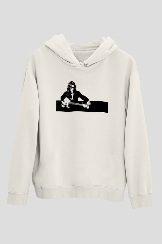 Rory Gallagher Baskılı Beyaz Unisex Kapüşonlu Sweatshirt