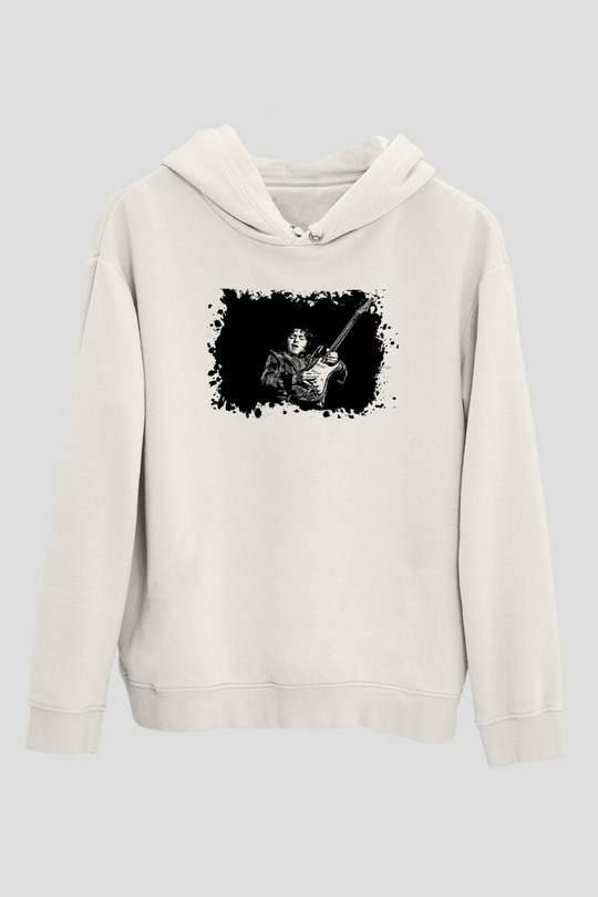 Rory Gallagher Baskılı Beyaz Unisex Kapüşonlu Sweatshirt