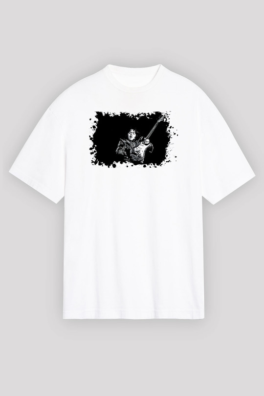 Rory Gallagher Baskılı Beyaz Unisex Oversize Tişört - Tshirt