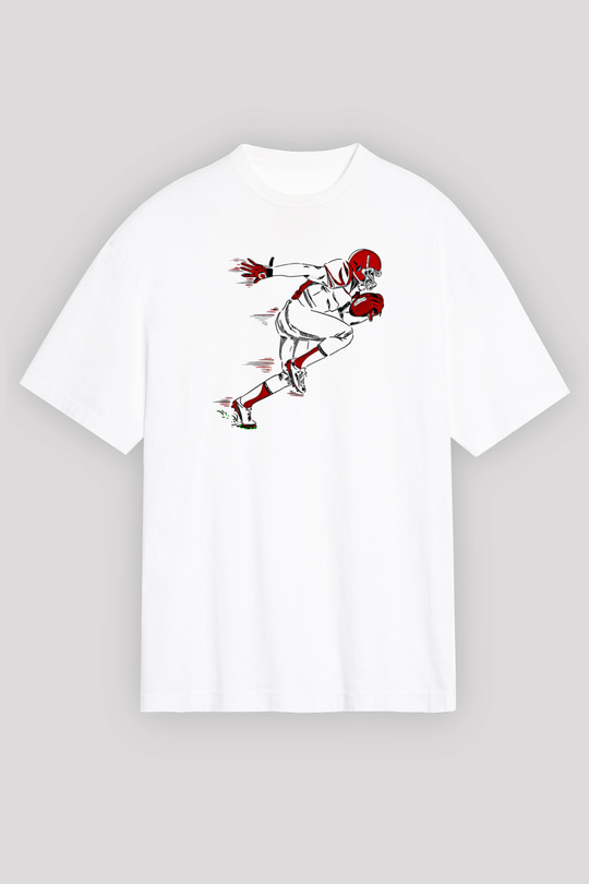 Rugby Baskılı Unisex Beyaz Oversize Tişört - Tshirt
