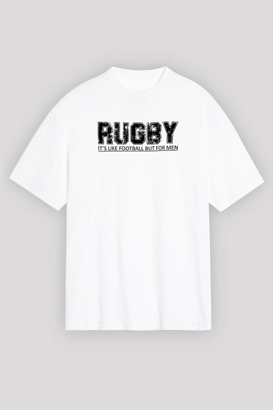 Rugby Baskılı Unisex Beyaz Oversize Tişört - Tshirt