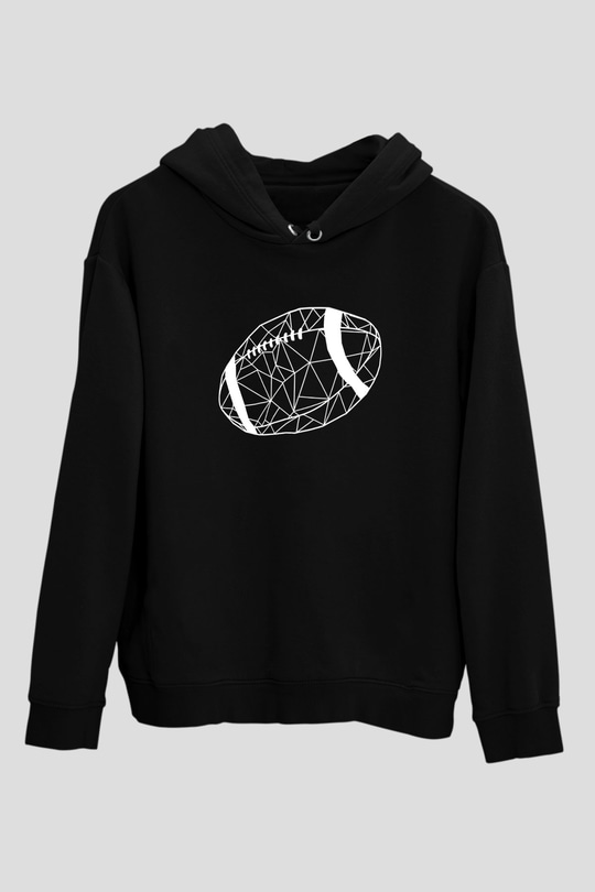 Rugby Baskılı Unisex Siyah Kapüşonlu Sweatshirt