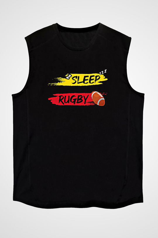 Rugby Baskılı Unisex Siyah Kolsuz Tişört
