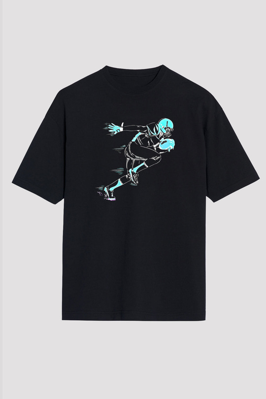 Rugby Baskılı Unisex Siyah Oversize Tişört