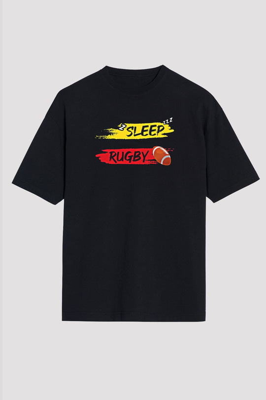 Rugby Baskılı Unisex Siyah Oversize Tişört