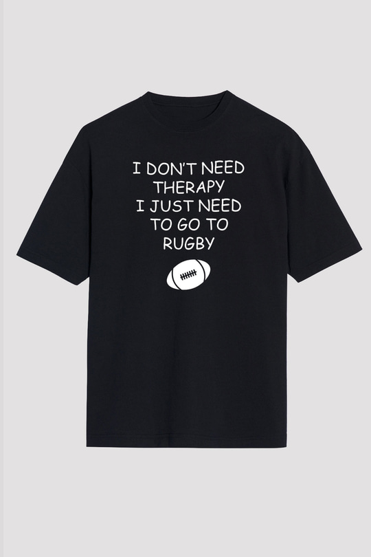 Rugby Baskılı Unisex Siyah Oversize Tişört