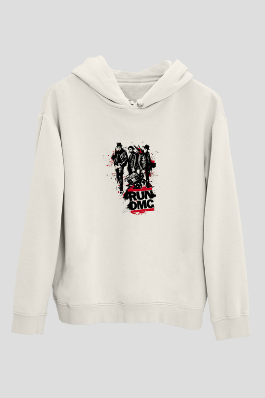 Run DMC Baskılı Unisex Beyaz Kapüşonlu Sweatshirt