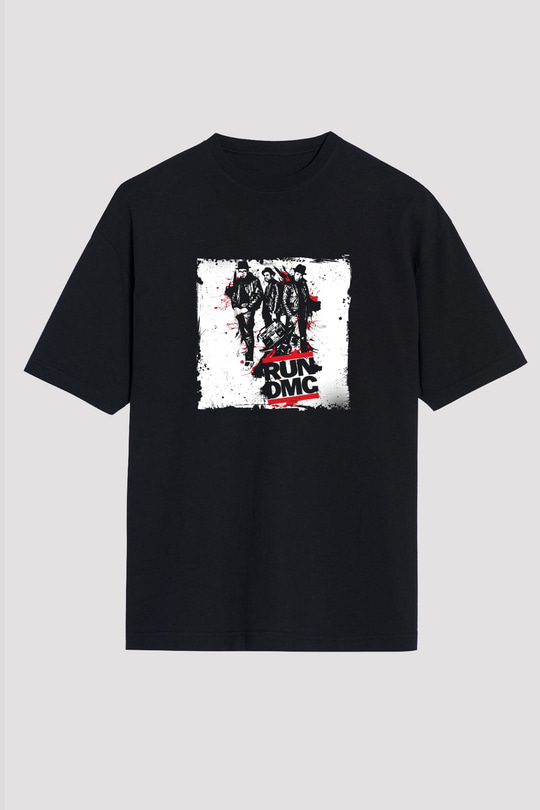 Run DMC Baskılı Unisex Oversize Siyah Tişört