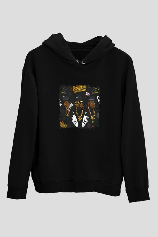 Run DMC Baskılı Unisex Siyah Hoodie