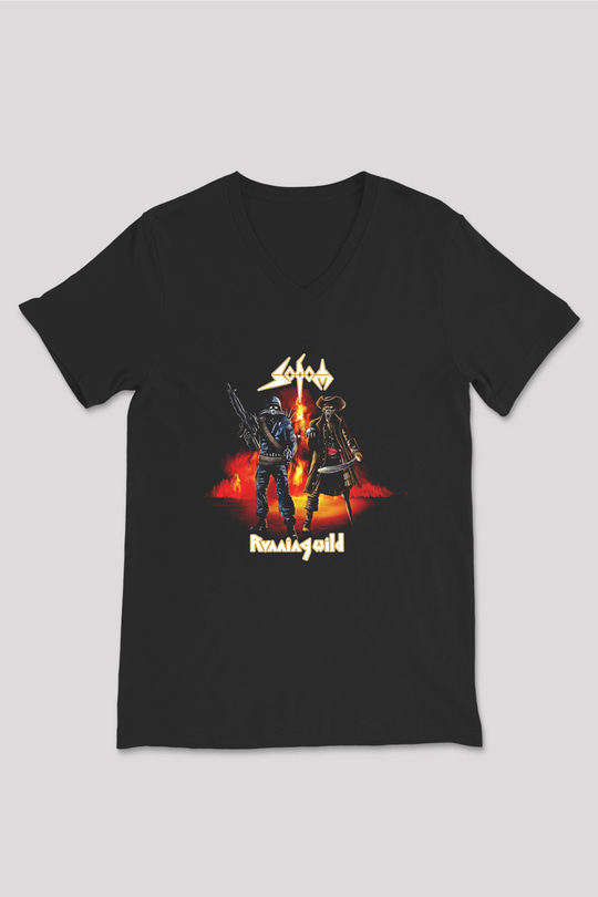 Running Wild Baskılı Unisex Siyah V Yaka Tişört - Tshirt