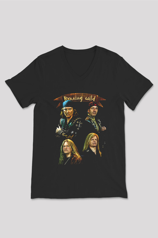 Running Wild Baskılı Unisex Siyah V Yaka Tişört - Tshirt