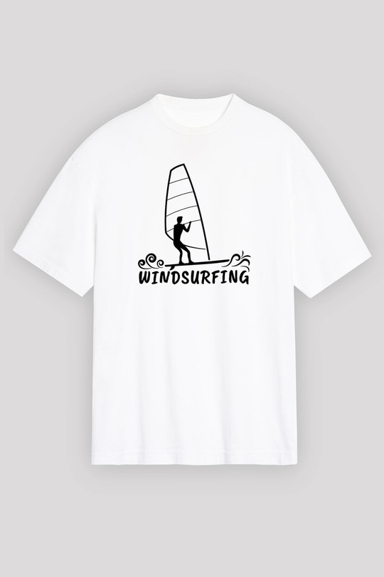Rüzgar Sörfü Baskılı Unisex Beyaz Oversize Tişört - Tshirt