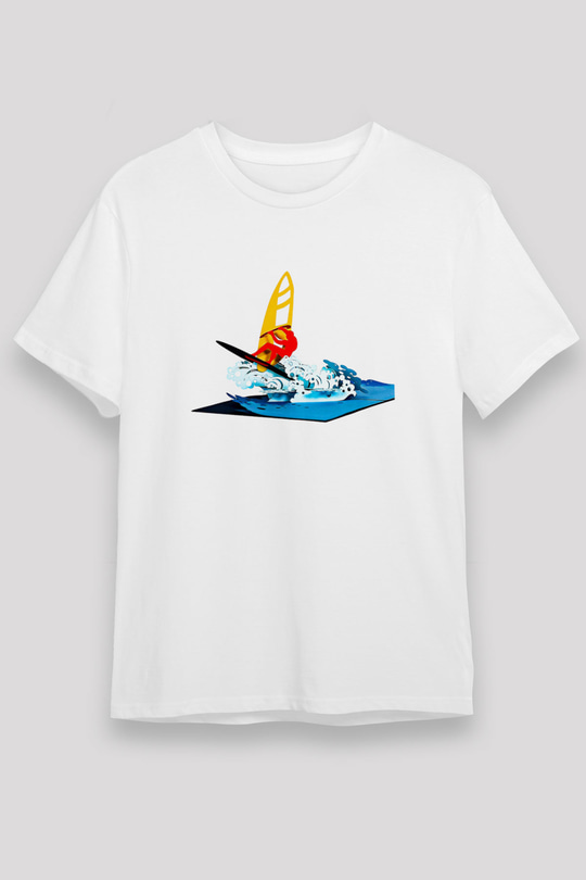 Rüzgar Sörfü Baskılı Unisex Beyaz Tişört - Tshirt