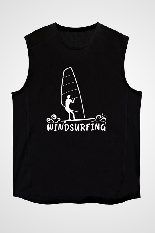 Rüzgar Sörfü - Windsurf Baskılı Unisex Siyah Kolsuz Tişört