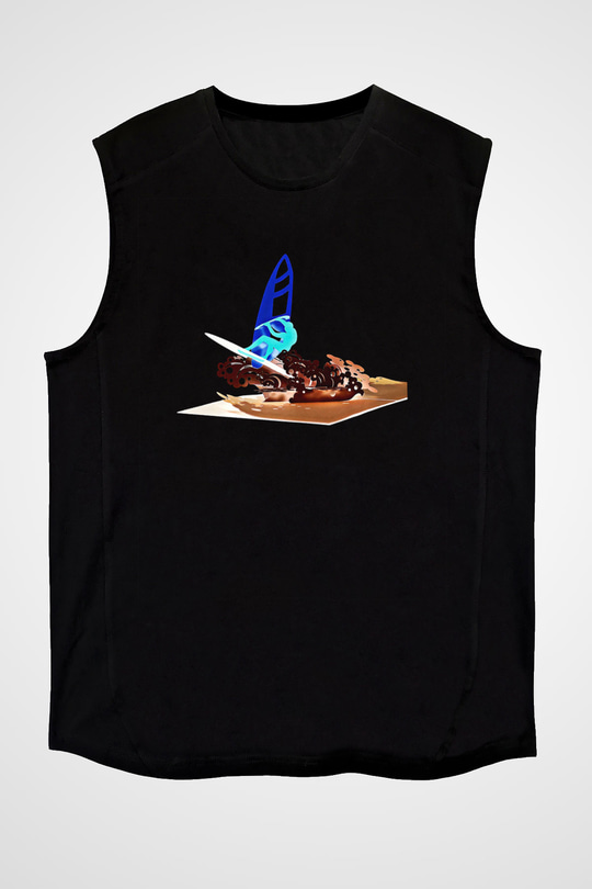 Rüzgar Sörfü - Windsurf Baskılı Unisex Siyah Kolsuz Tişört
