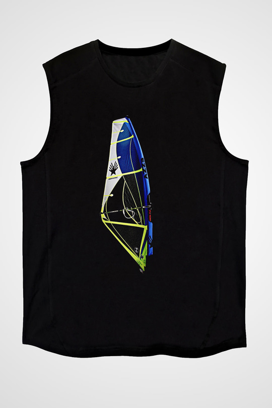 Rüzgar Sörfü - Windsurf Baskılı Unisex Siyah Kolsuz Tişört