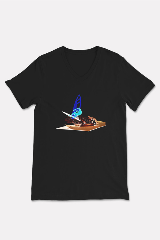 Rüzgar Sörfü - Windsurf Baskılı Unisex Siyah V Yaka Tişört