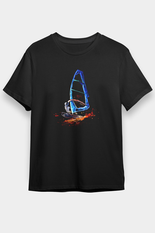 Rüzgar Sörfü - Windsurf Baskılı Unisex Siyah Tişört - Tshirt