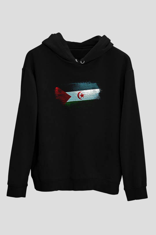 Sahrawi Bayrağı Baskılı Unisex Siyah Kapüşonlu Sweatshirt