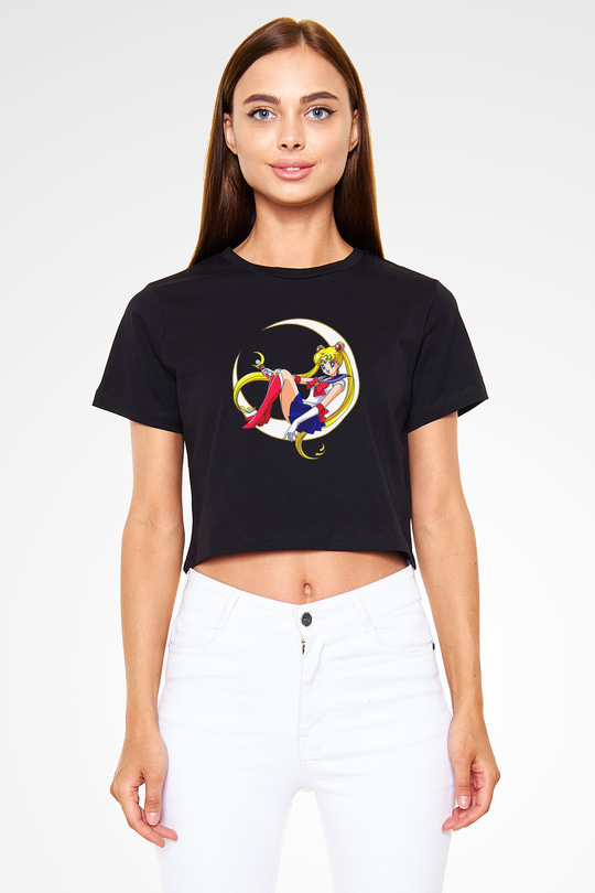 Sailor Moon Baskılı Siyah Crop Top Kadın Tişört - Tshirt