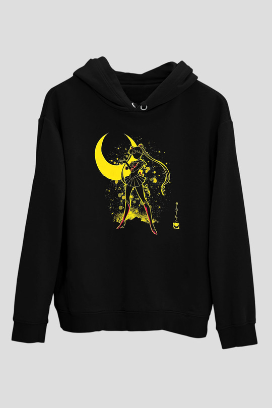 Sailor Moon Baskılı Unisex Siyah Hoodie