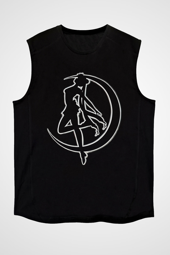 Sailor Moon Baskılı Unisex Siyah Kolsuz Tişört - Tshirt