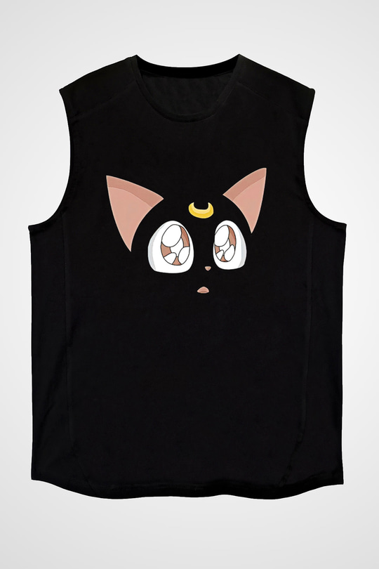 Sailor Moon Baskılı Unisex Siyah Kolsuz Tişört - Tshirt