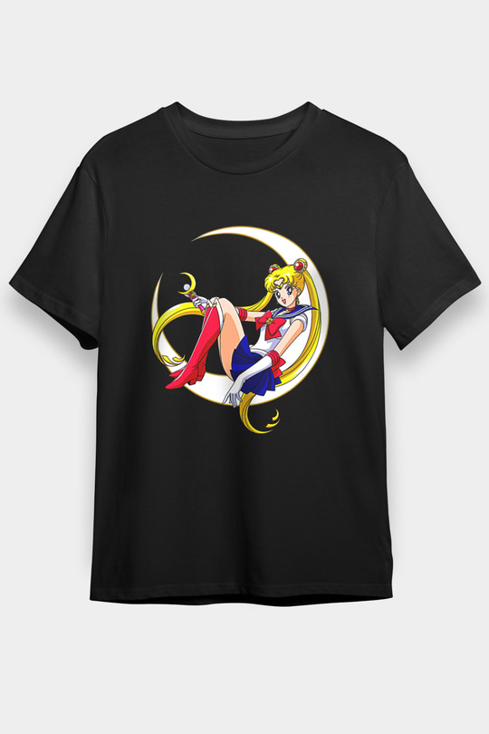 Sailor Moon Baskılı Unisex Siyah Tişört - Tshirt