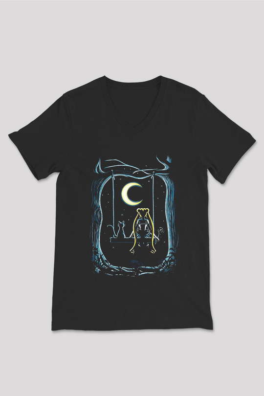 Sailor Moon Baskılı Unisex Siyah V Yaka Tişört - Tshirt
