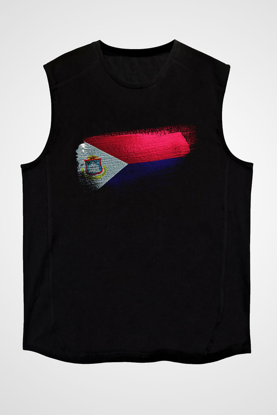 Saint Martin Bayrağı Baskılı Unisex Siyah Kolsuz Tişört