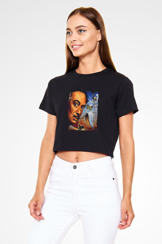 Salvador Dali Baskılı Siyah Kadın Crop Top Tişört