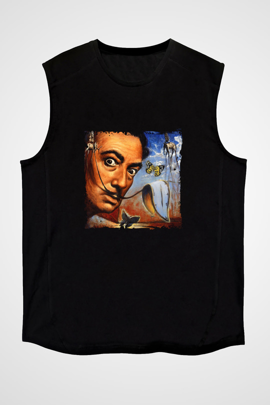 Salvador Dali Baskılı Unisex Siyah Kolsuz Tişört