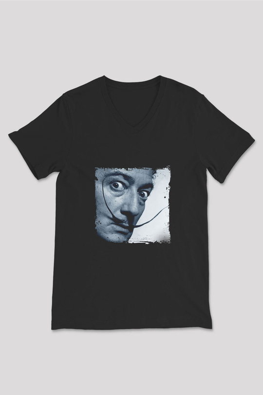 Salvador Dali Baskılı Unisex Siyah V Yaka Tişört
