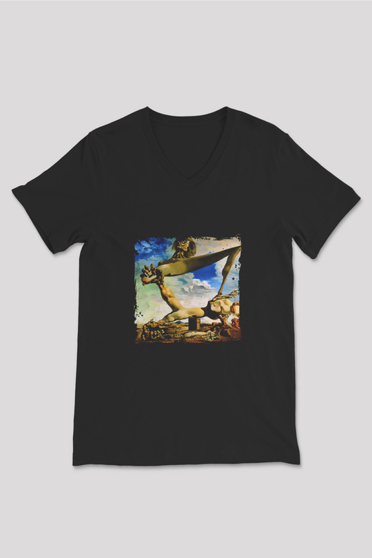 Salvador Dali Baskılı Unisex Siyah V Yaka Tişört