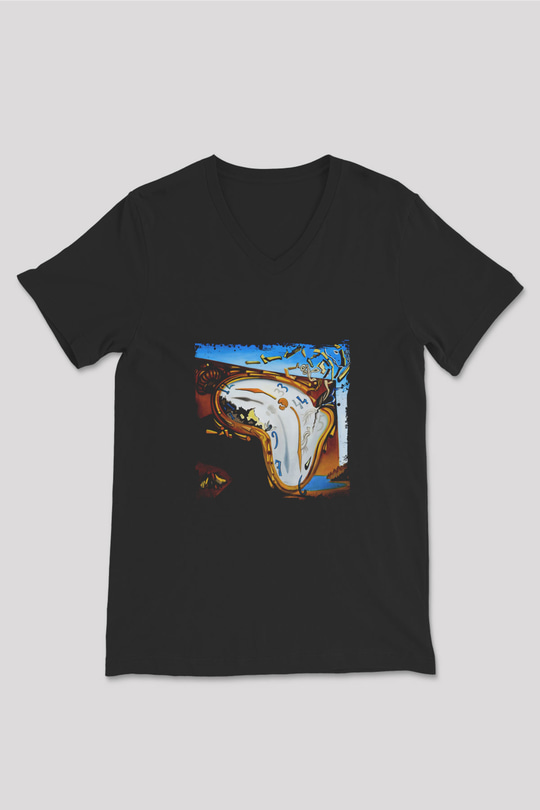 Salvador Dali Baskılı Unisex Siyah V Yaka Tişört