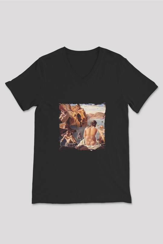 Salvador Dali Baskılı Unisex Siyah V Yaka Tişört