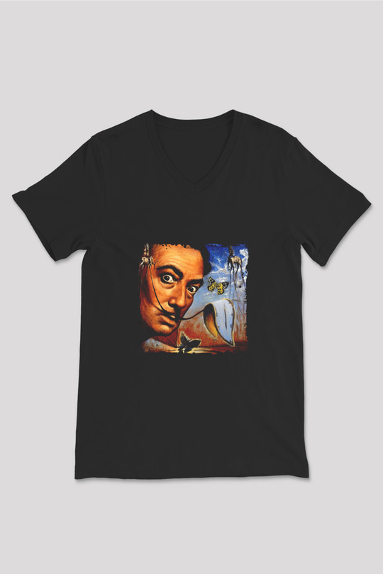 Salvador Dali Baskılı Unisex Siyah V Yaka Tişört