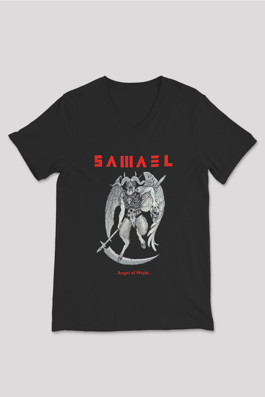 Samael Baskılı Unisex Siyah V Yaka Tişört - Tshirt