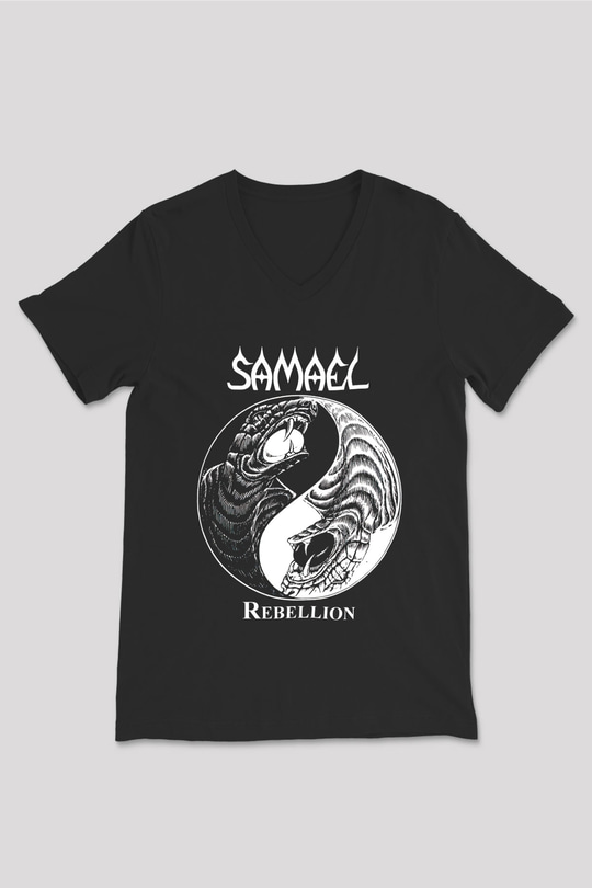 Samael Baskılı Unisex Siyah V Yaka Tişört - Tshirt