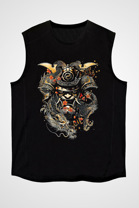Samurai Baskılı Unisex Siyah  Kolsuz Tişört