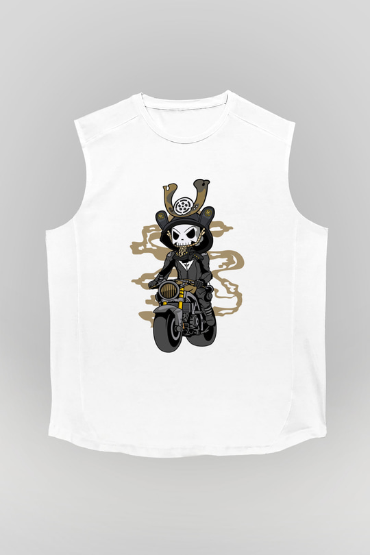 Samurai Biker Baskılı Beyaz Unisex Kolsuz Tişört