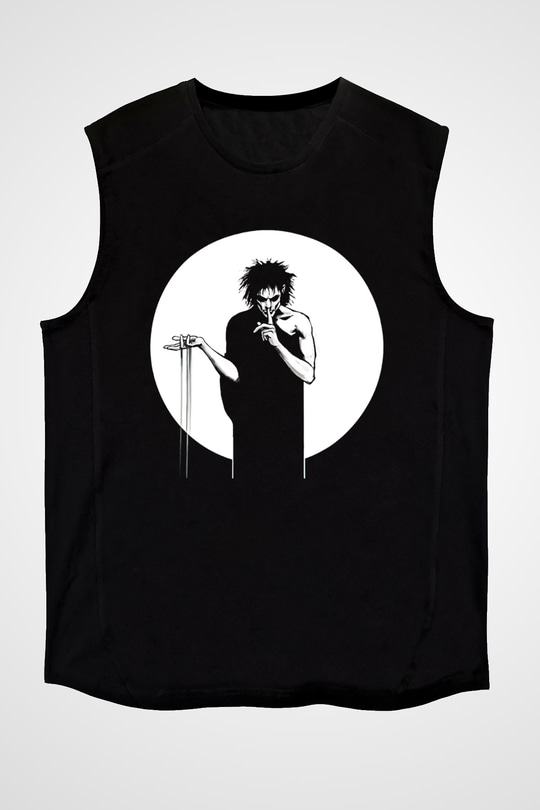 Sandman Baskılı Unisex Siyah Kolsuz Tişört - Tshirt