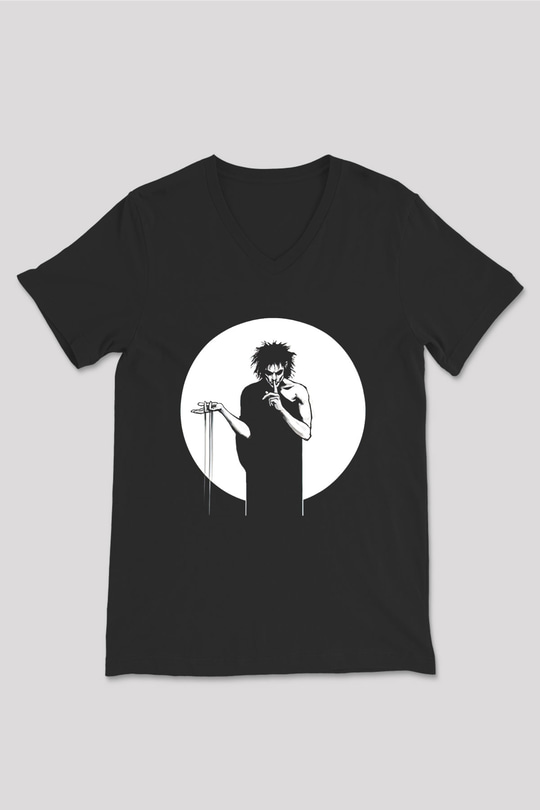 Sandman Baskılı Unisex Siyah V Yaka Tişört - Tshirt